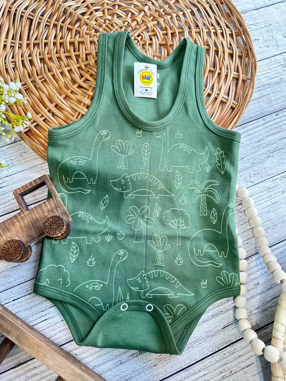 بادی زیردکمه طرح دایناسور تمام چاپ سبز سدری نوزادی و کودک کد ۱۱۸۰۸۱ 
