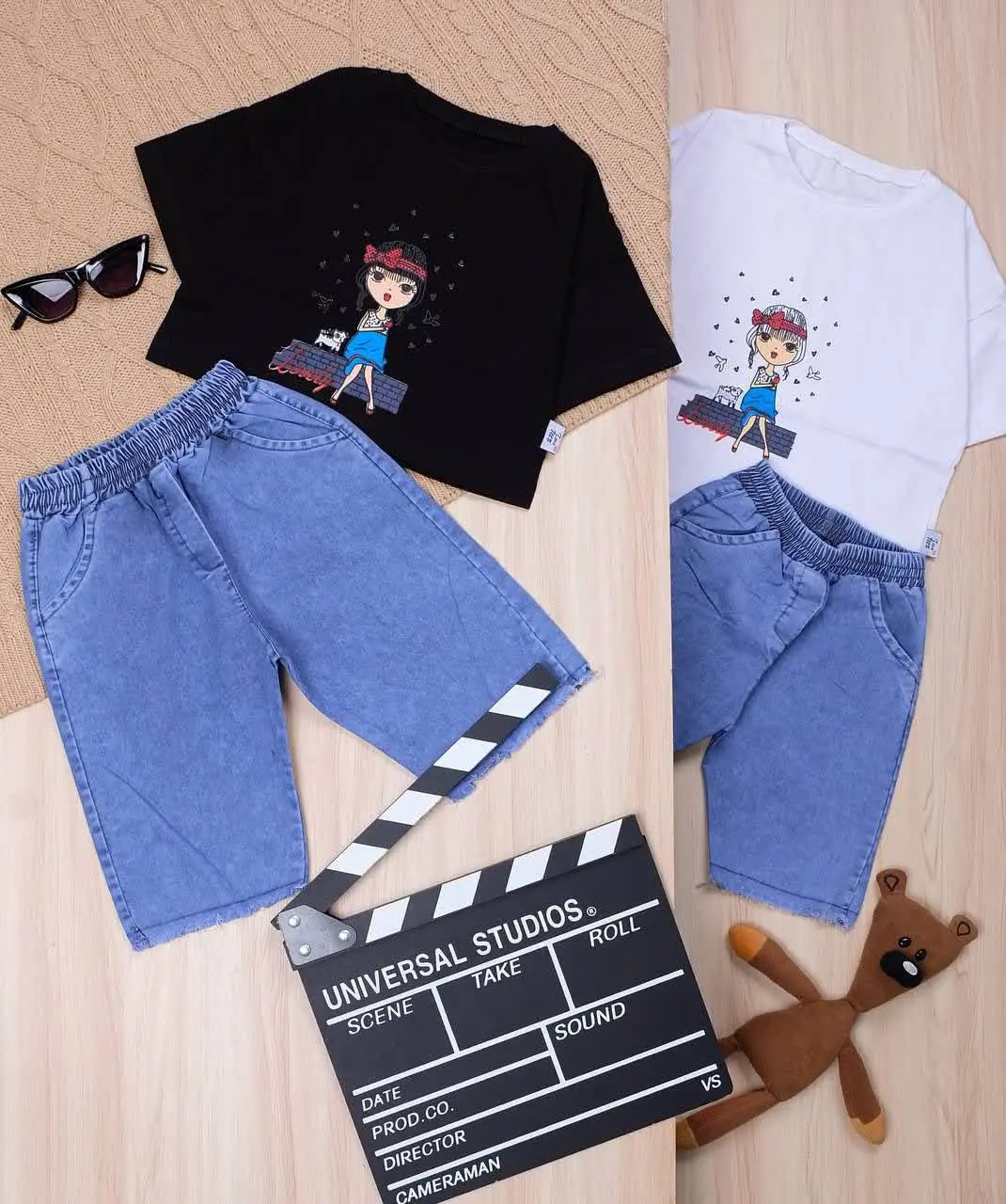 👫کراپ و شلوارک جین چاپ دختر و گربه👫
