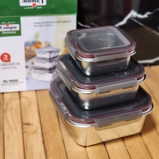 باکس (ظرف غذا) مربع استیل نگیر یونیک ۳ تایی دارای درب چفتی از ۴ جهت
