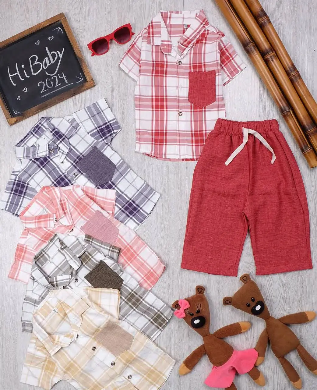 👫پیراهن و شلوارک چهارخونه تک جیب👫
