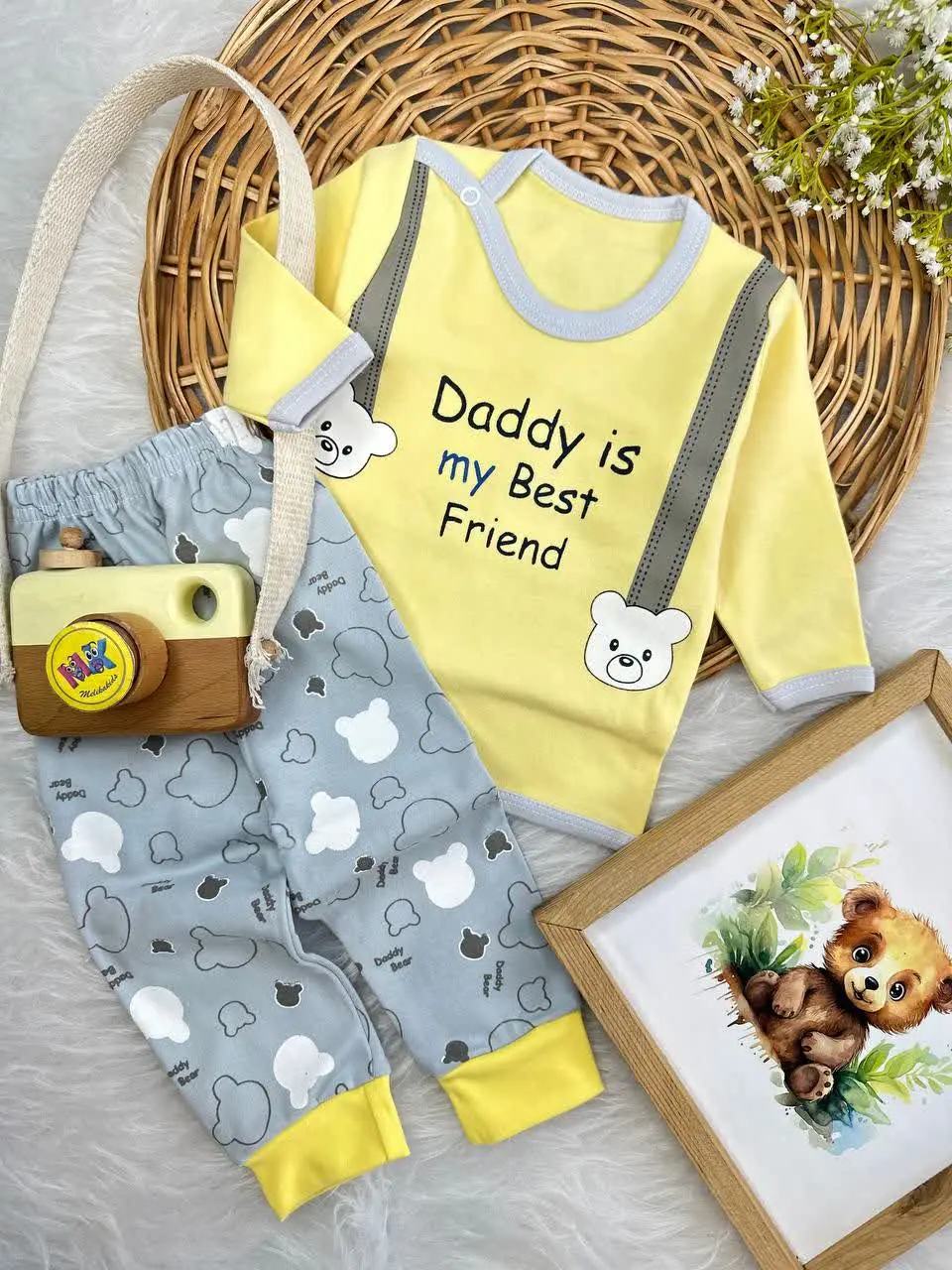 بلوز شلوار طرح دو خرس پدر و پسر زرد نوزادی و کودک کد ۱۷۳۲۰۱ 
