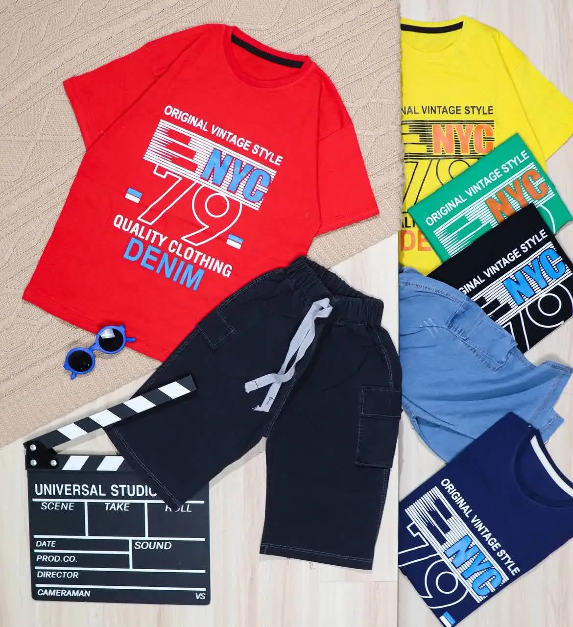 👫تیشرت و شلوارک جین آبی/زغالی چاپ NYC👫
