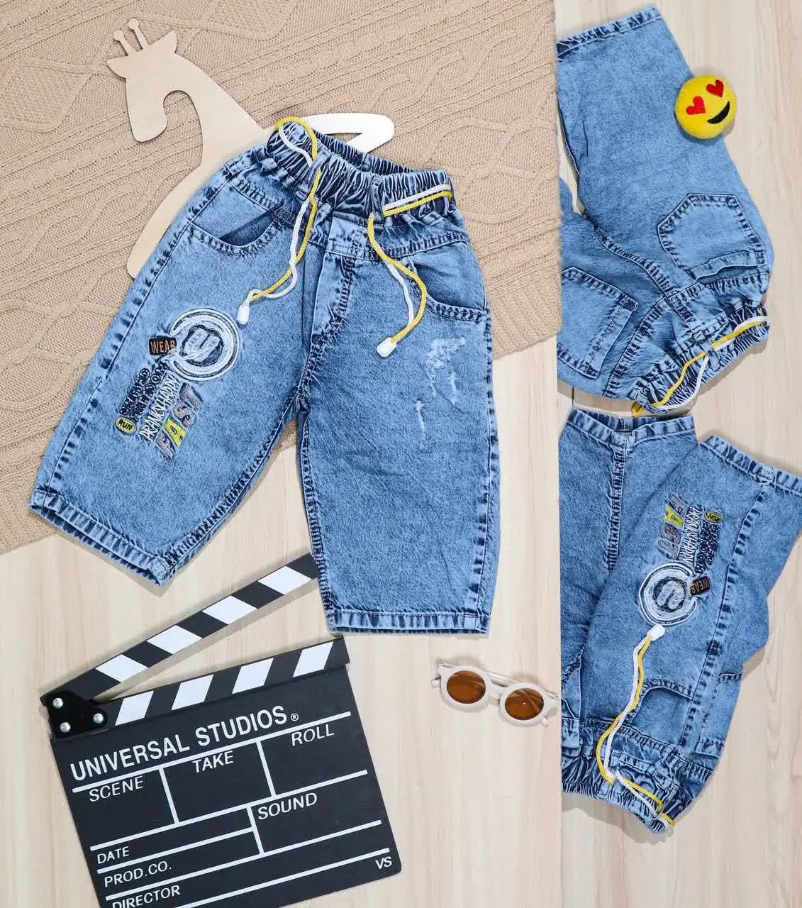 👫شلوارک جین آبی گلدوزی U دایره👫
