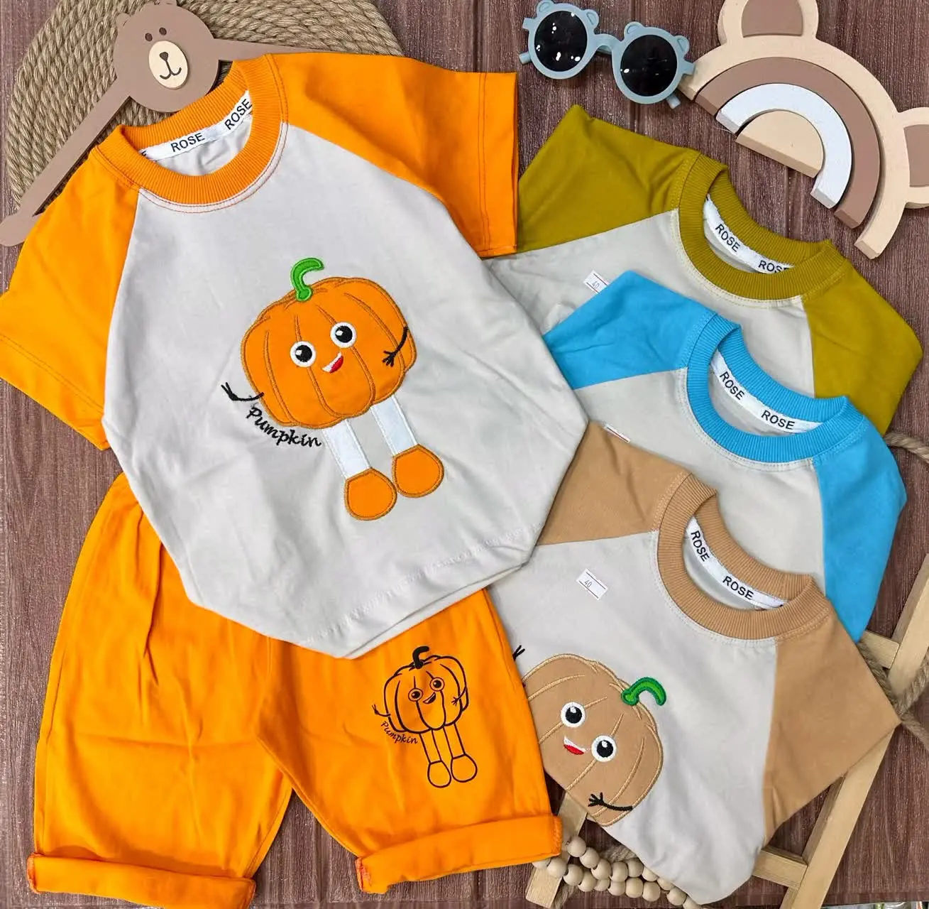 👫تیشرت شلوارک لش پسرانه گلدوزی کدو تنبل ✅
