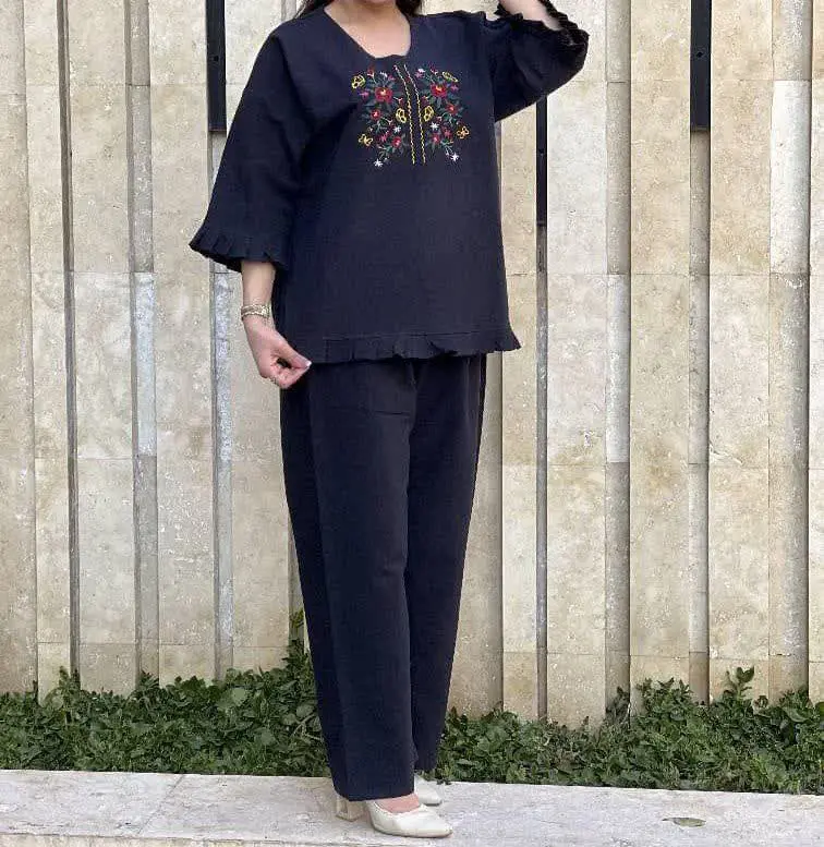 ست مانتو شلوار لنین گلدوزی