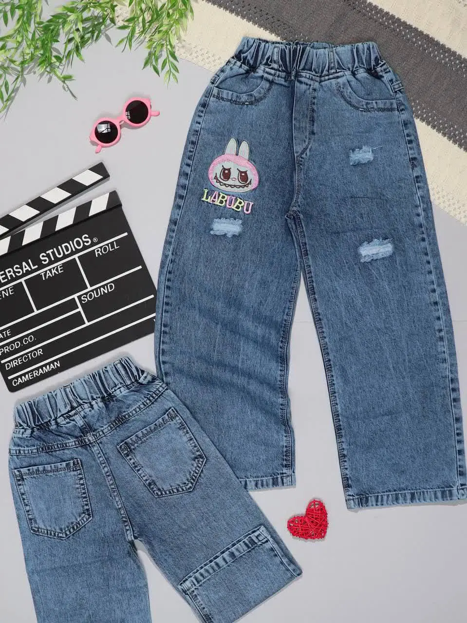 👫شلوار جین بگ آبی گلدوزی LABUBU👫
