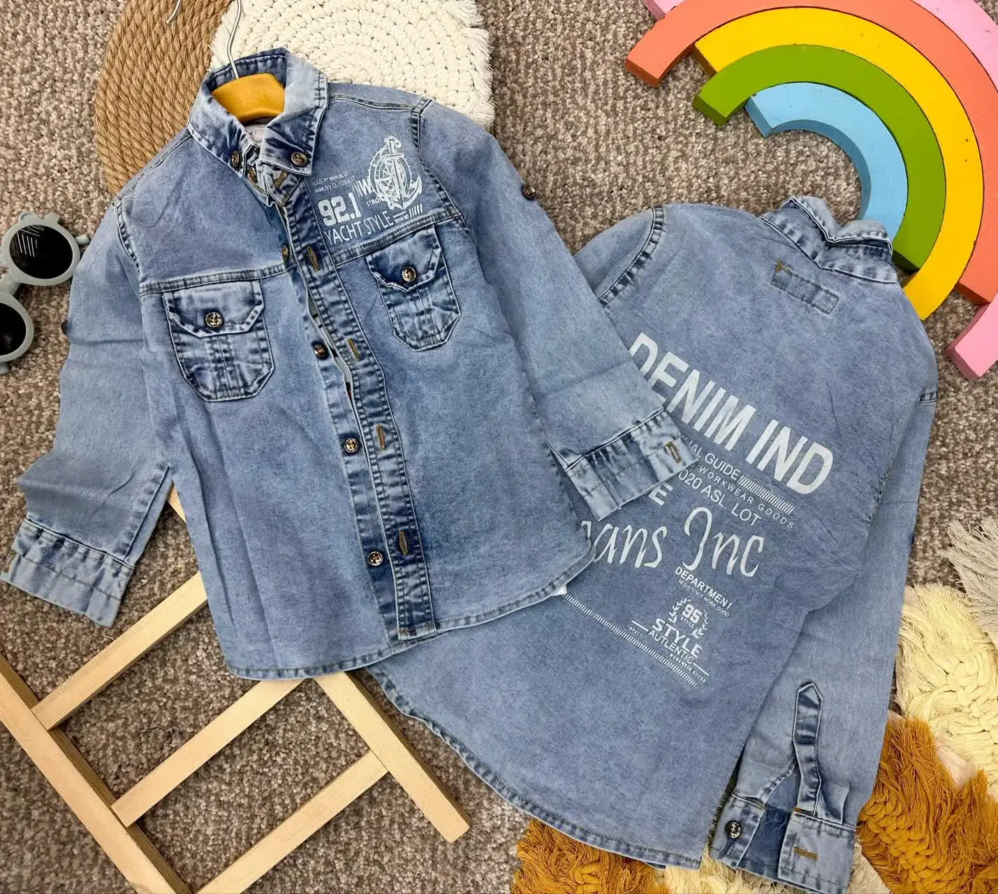 👫پیراهن تک پسرانه جین آبی چاپی😍
