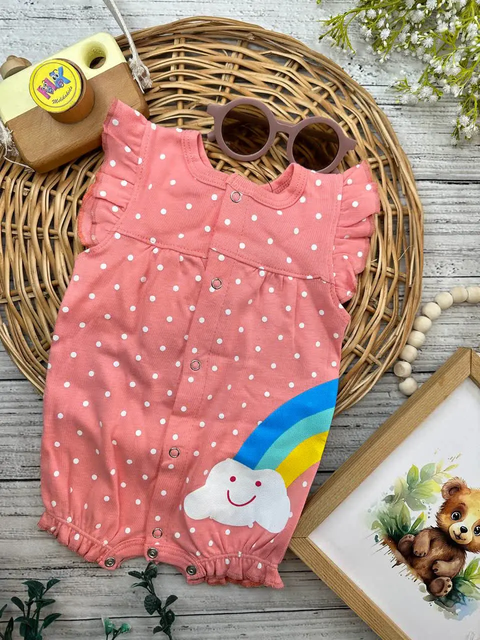 رامپر طرح رنگین کمان خالدار گلبهی نوزادی و کودک کد ۱۸۰۴۱ 
