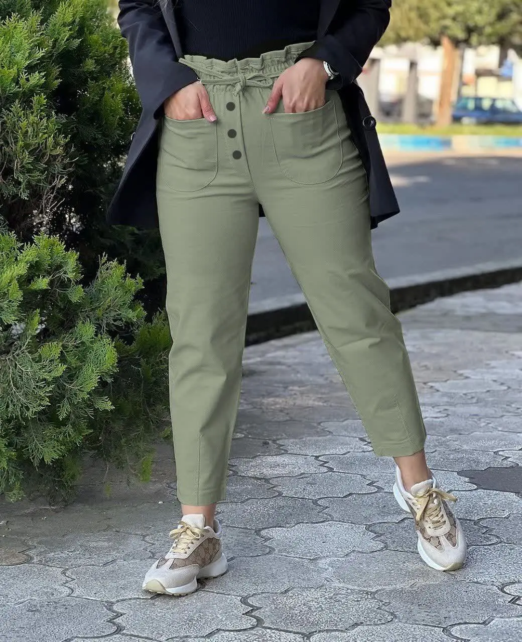 شلوار کتان مام فیت کمر هویجی