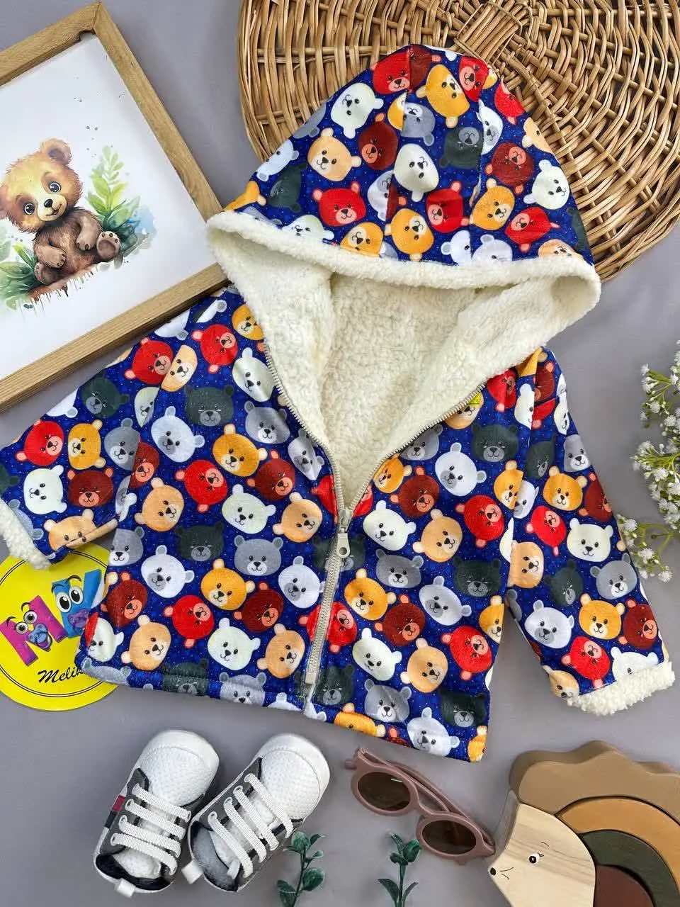 کاپشن زیپ دار طرح تدی زمینه سورمه‌ای مخمل خزدار نوزادی و کودک کد ۱۱۰۱۰۳۷ 
