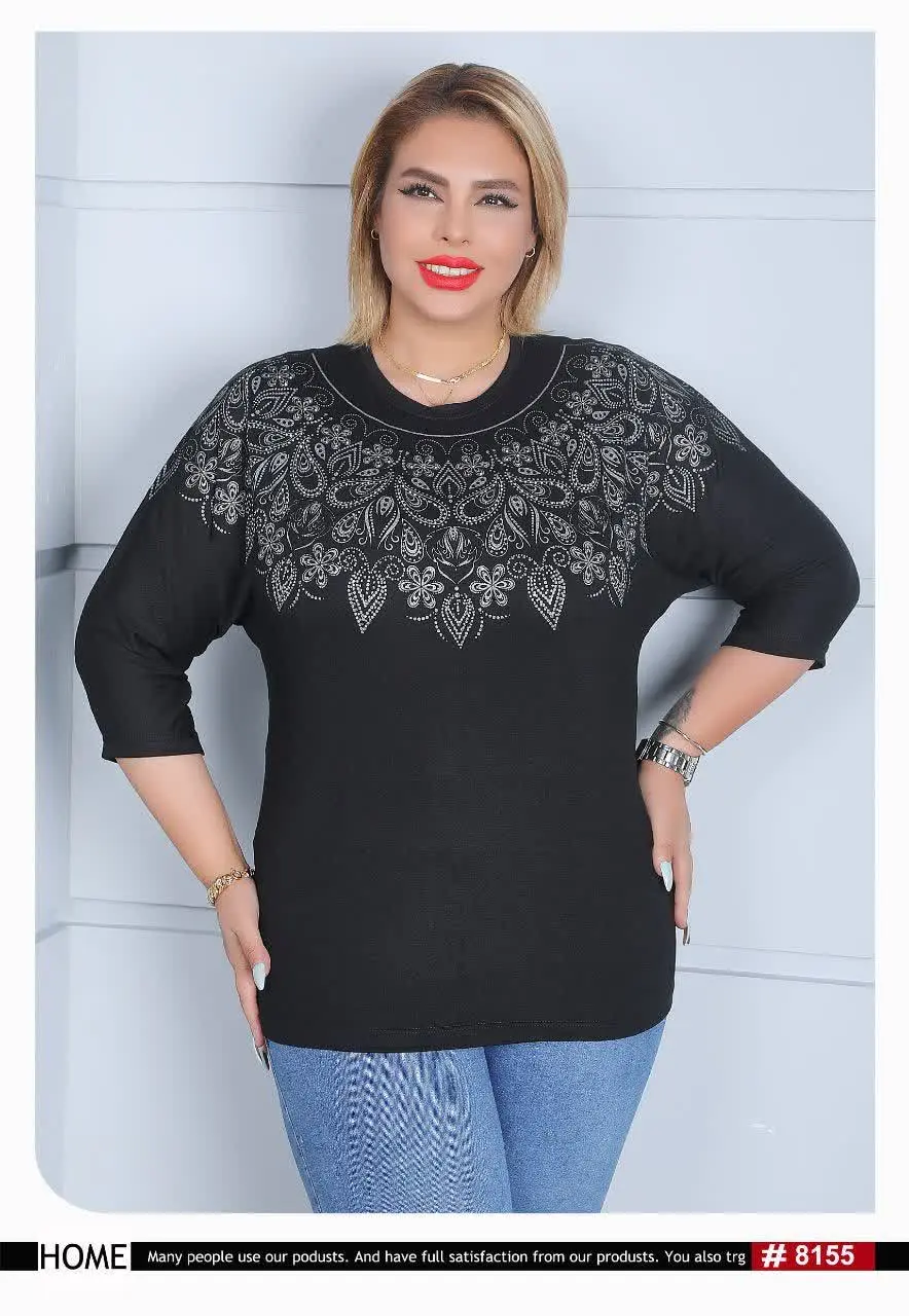 🌼بلوز مشکی نگین کار شده همراه چاپ، قواره دار
