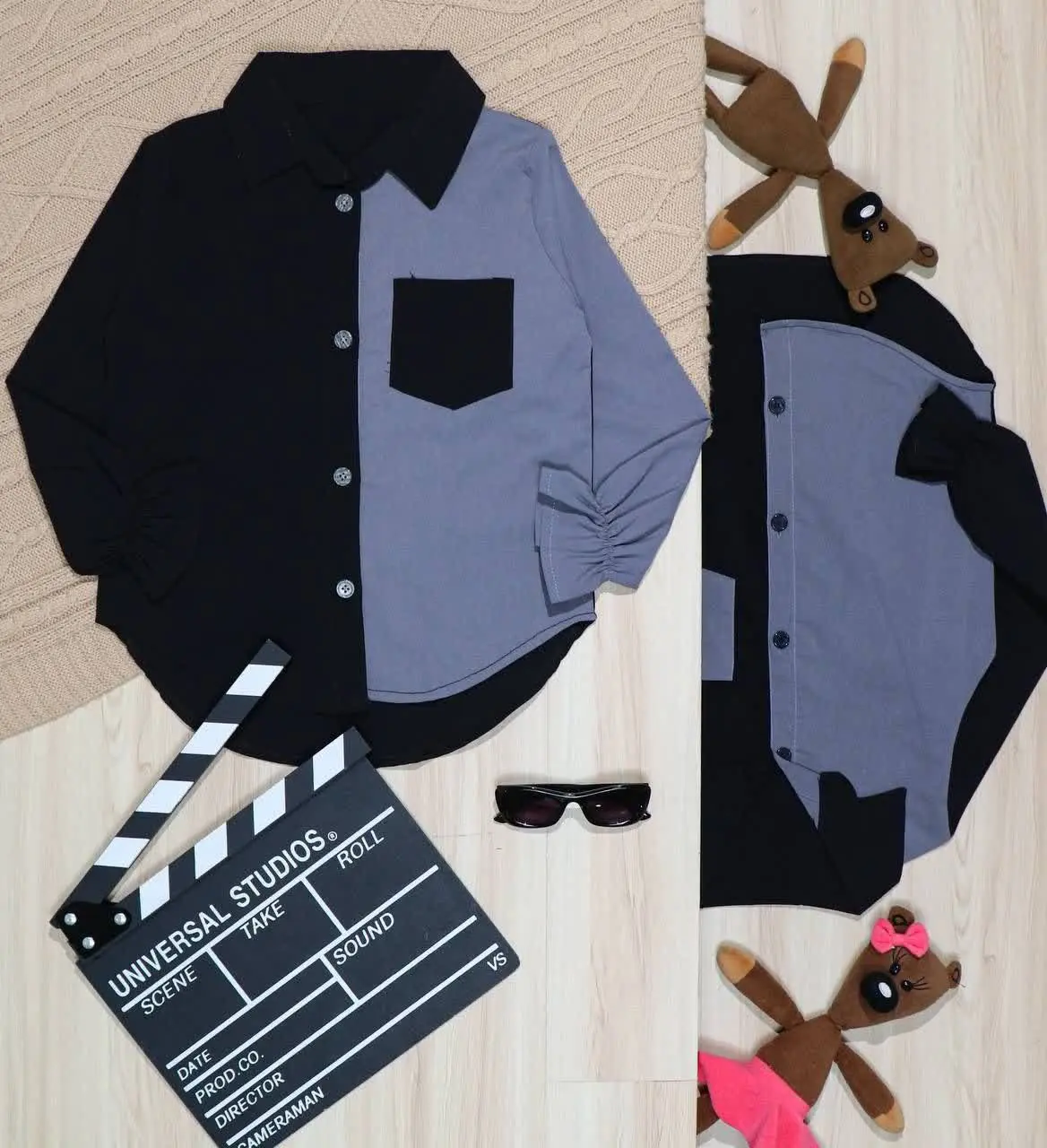 👫شومیز تینیجر کتان بنگال مشکی طوسی👫
