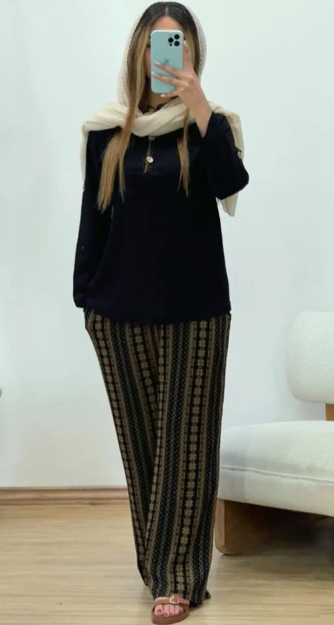 🌼شلوار بگ کرپ طرح دار، جیب دار
