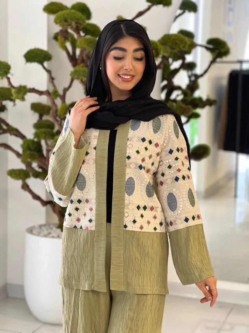 🌸مانتو شلوار بامبو خرجکار هندی
