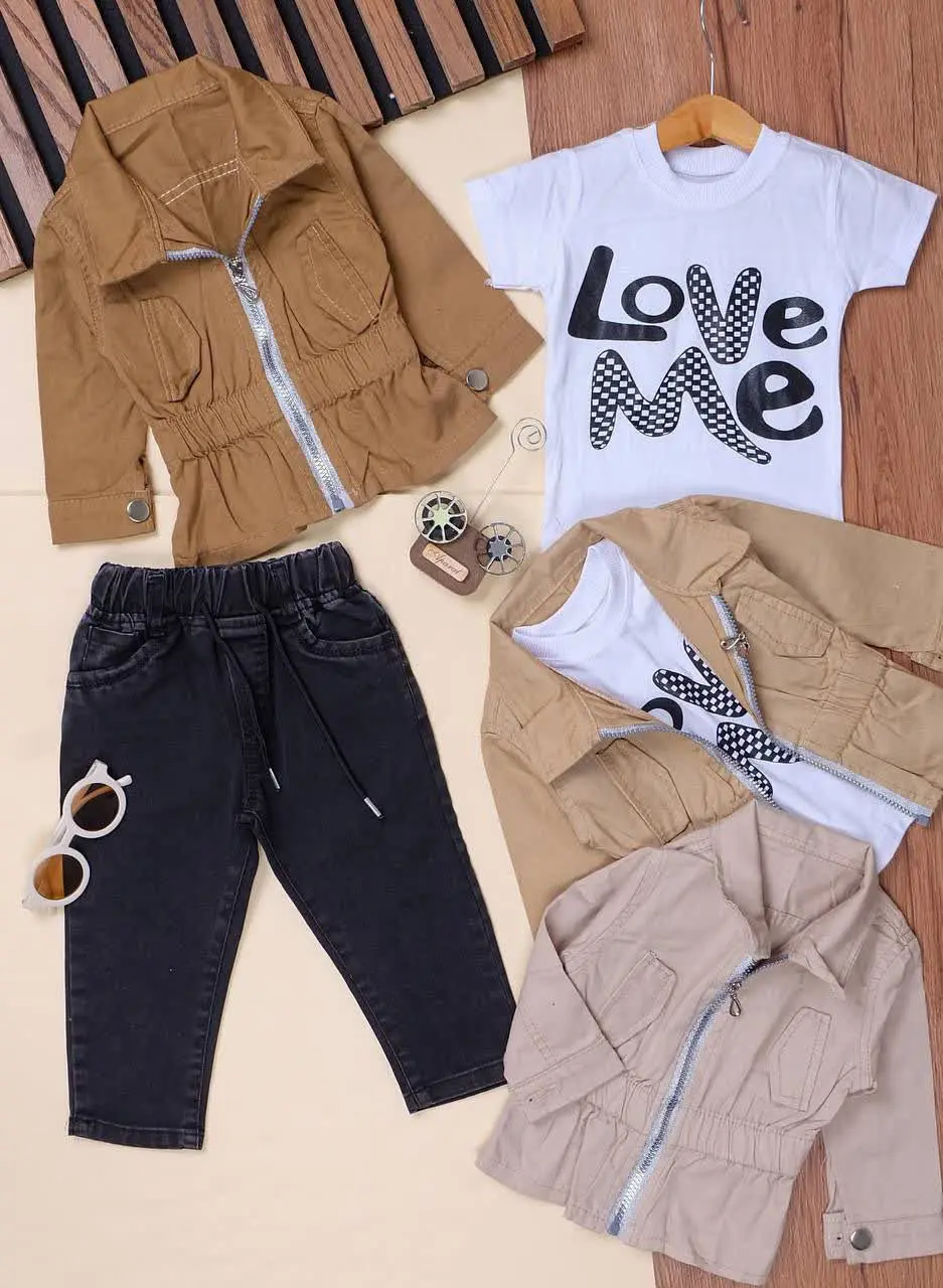 سه تیکه کت کتان و شلوار لی دخترانه 
