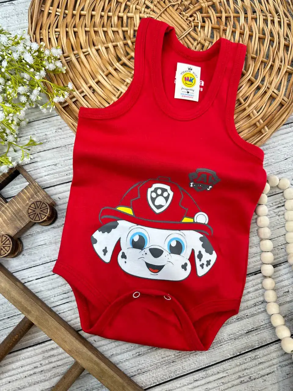 بادی زیردکمه طرح سگ خالدار قرمز نوزادی و کودک کد ۱۱۸۰۸۸ 

