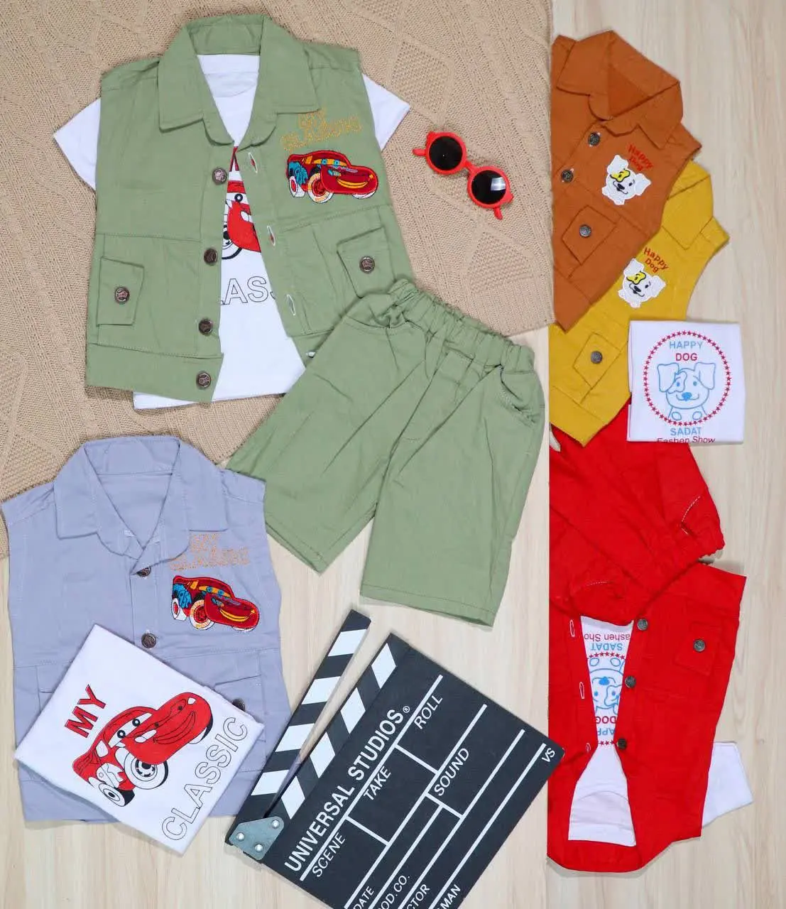 👫سه تیکه کتان جلیقه‌ای گلدوزی سگ و ماشین 👫
