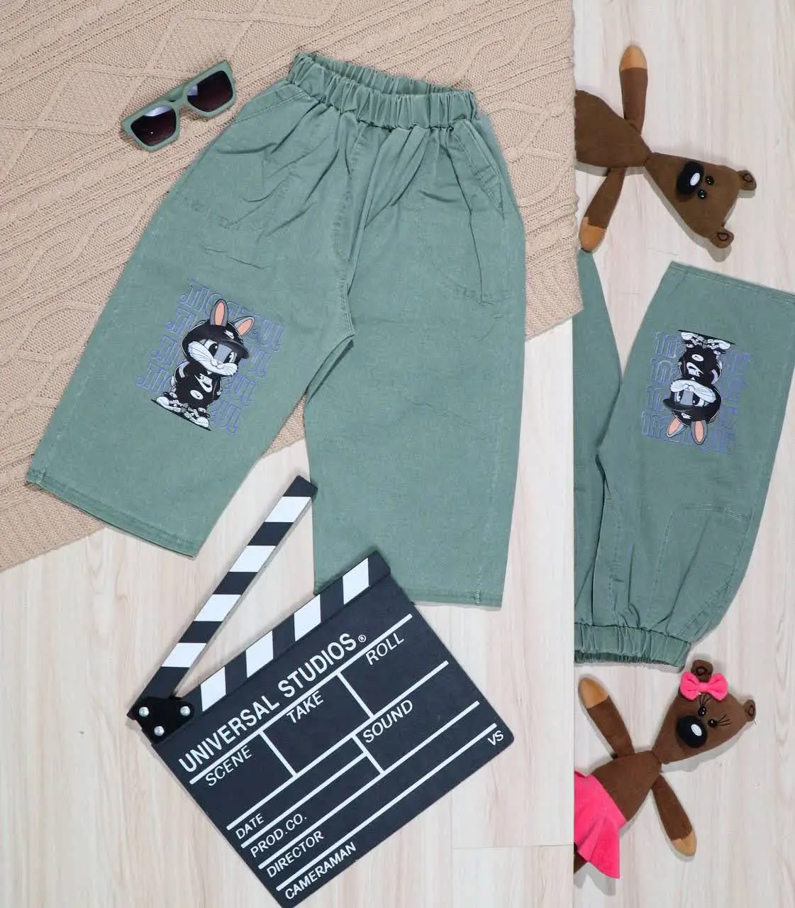 👫شلوارک نیل دخترانه سبز چاپ گربه👫
