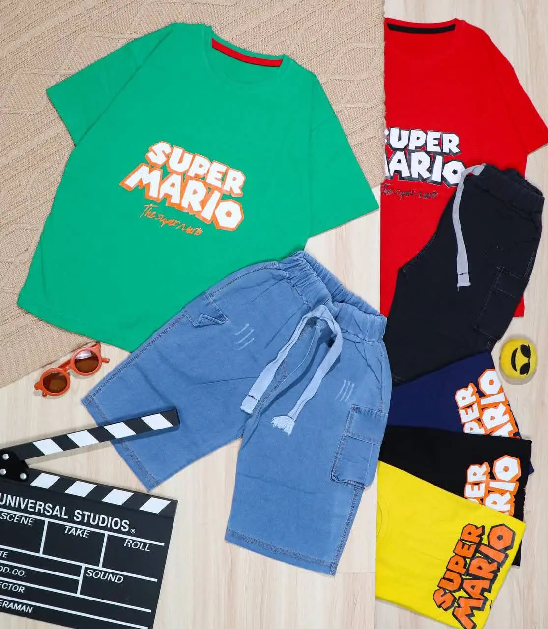 👫تیشرت و شلوارک جین آبی/زغالی چاپ super mario👫
