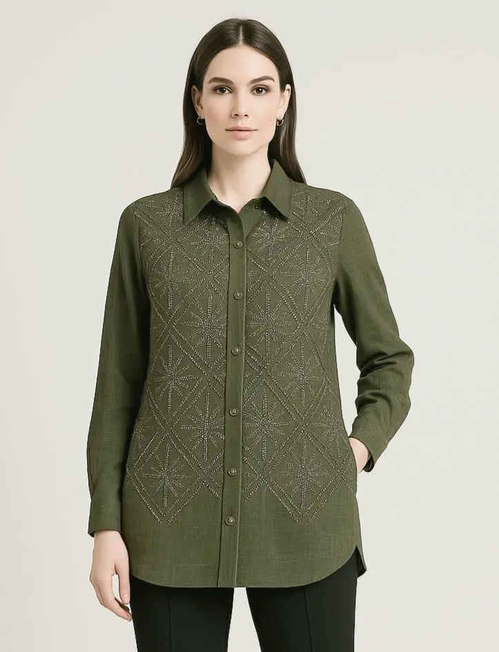 🌼شومیز مانتویی نگین کار شده
