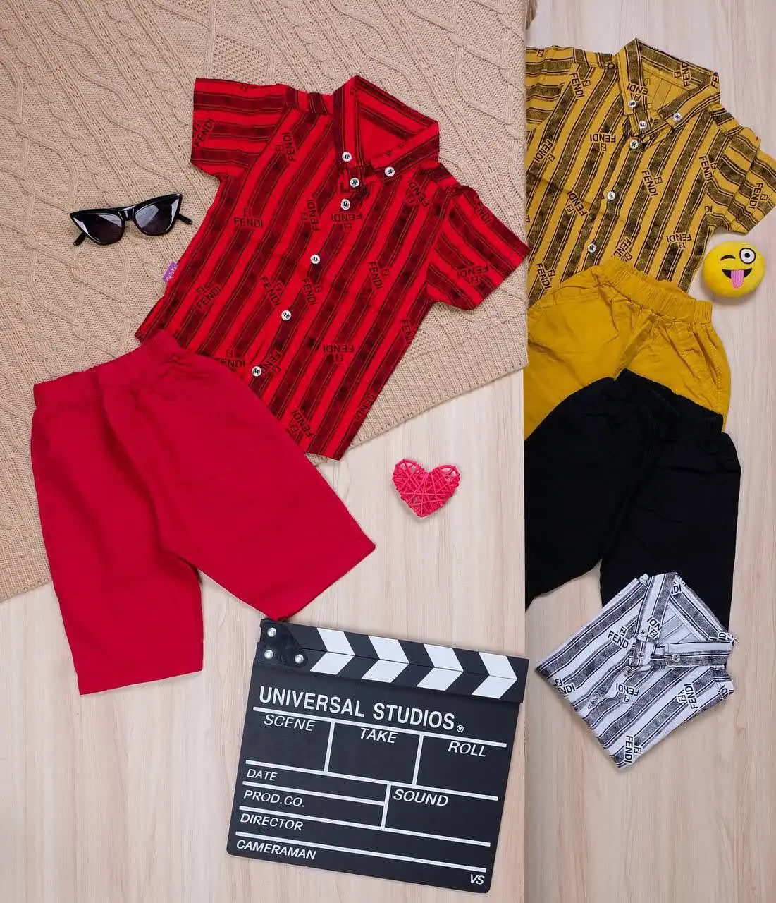 👫پیراهن و شلوارک نخی راه راه FENDI👫
