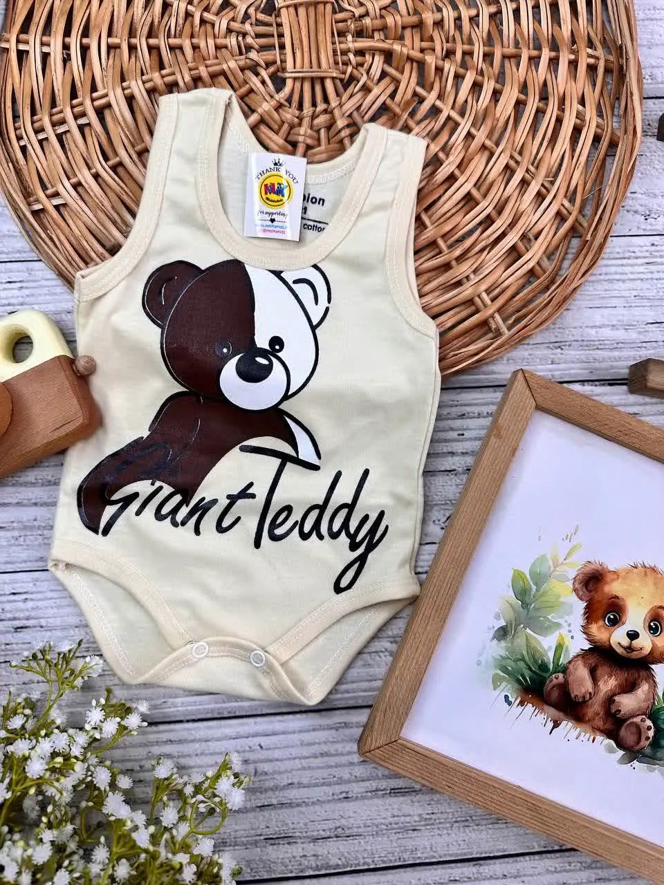 بادی زیردکمه طرح تدی دو رنگ نسکافه‌ای نوزادی و کودک کد ۱۱۸۰۹۱ 
