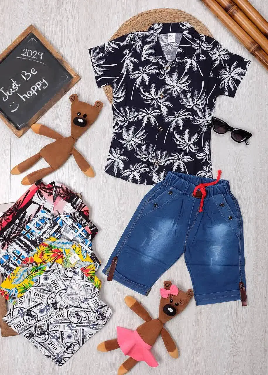 👫پیراهن نخی و شلوارک جین جیب دکمه👫
