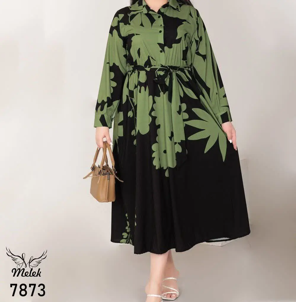 پیراهن مانتویی مجلسی یقه دکمه بازشو آستین بلند کمر کشی با کمربند
