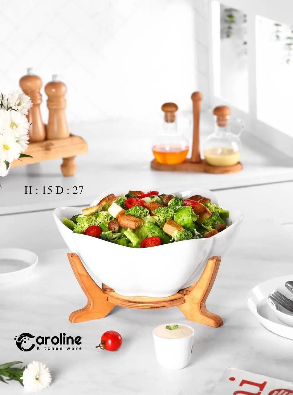 کاسه طرح گل سرامیکی پایه چوبی
