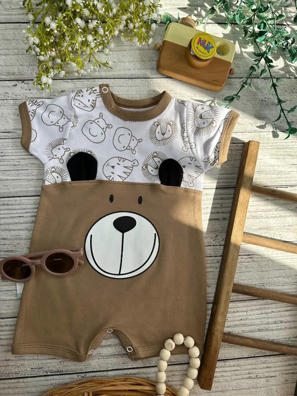 رامپر طرح خرس گوش برجسته شکلاتی نوزادی و کودک کد ۱۸۰۲۴ 
