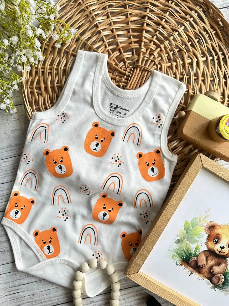 بادی زیردکمه طرح تدی نارنجی و رنگین کمان نوزادی و کودک کد ۱۱۸۰۹۲ 
