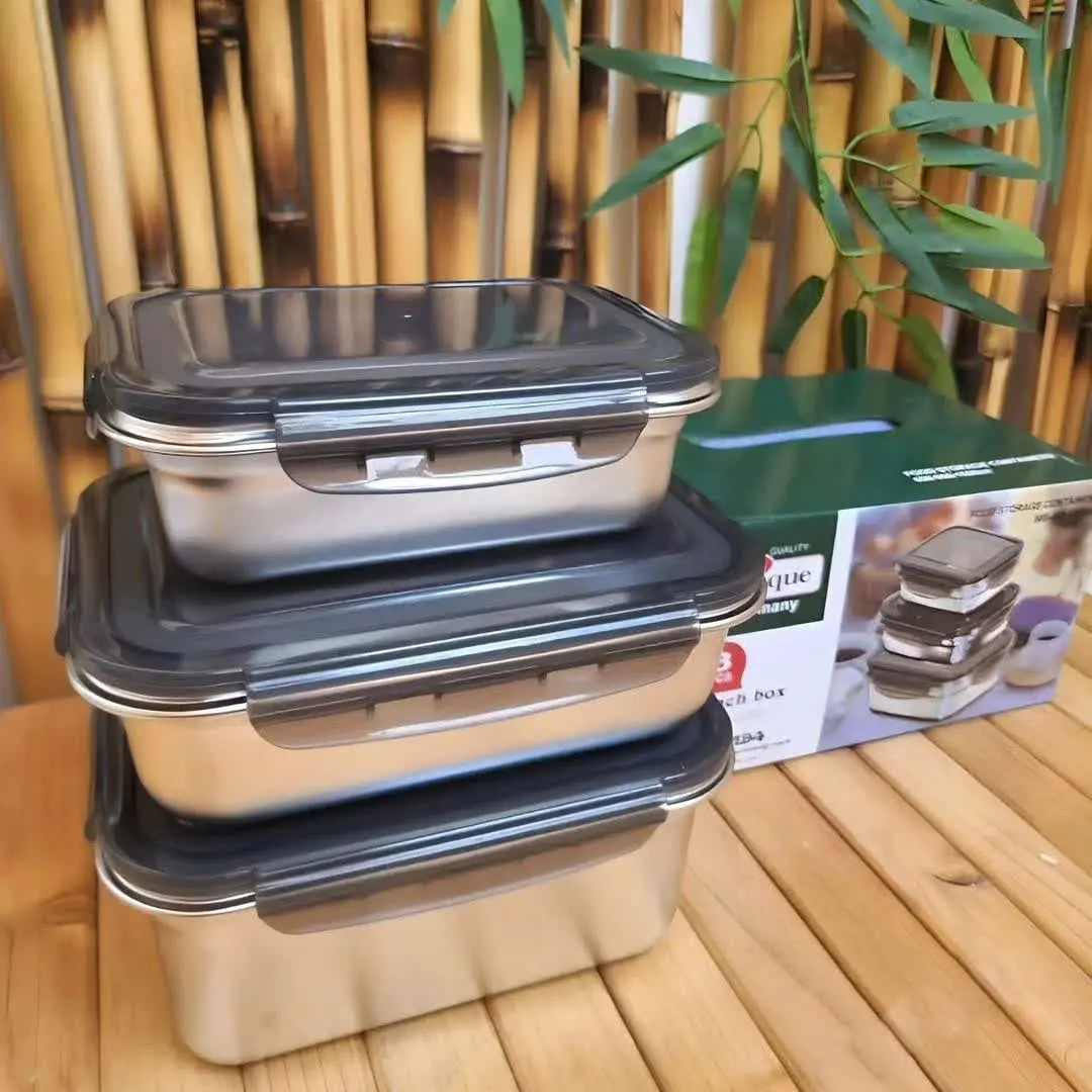 باکس (ظرف غذا) مستطیل استیل نگیر یونیک ۳ تایی دارای درب چفتی از ۴ جهت
