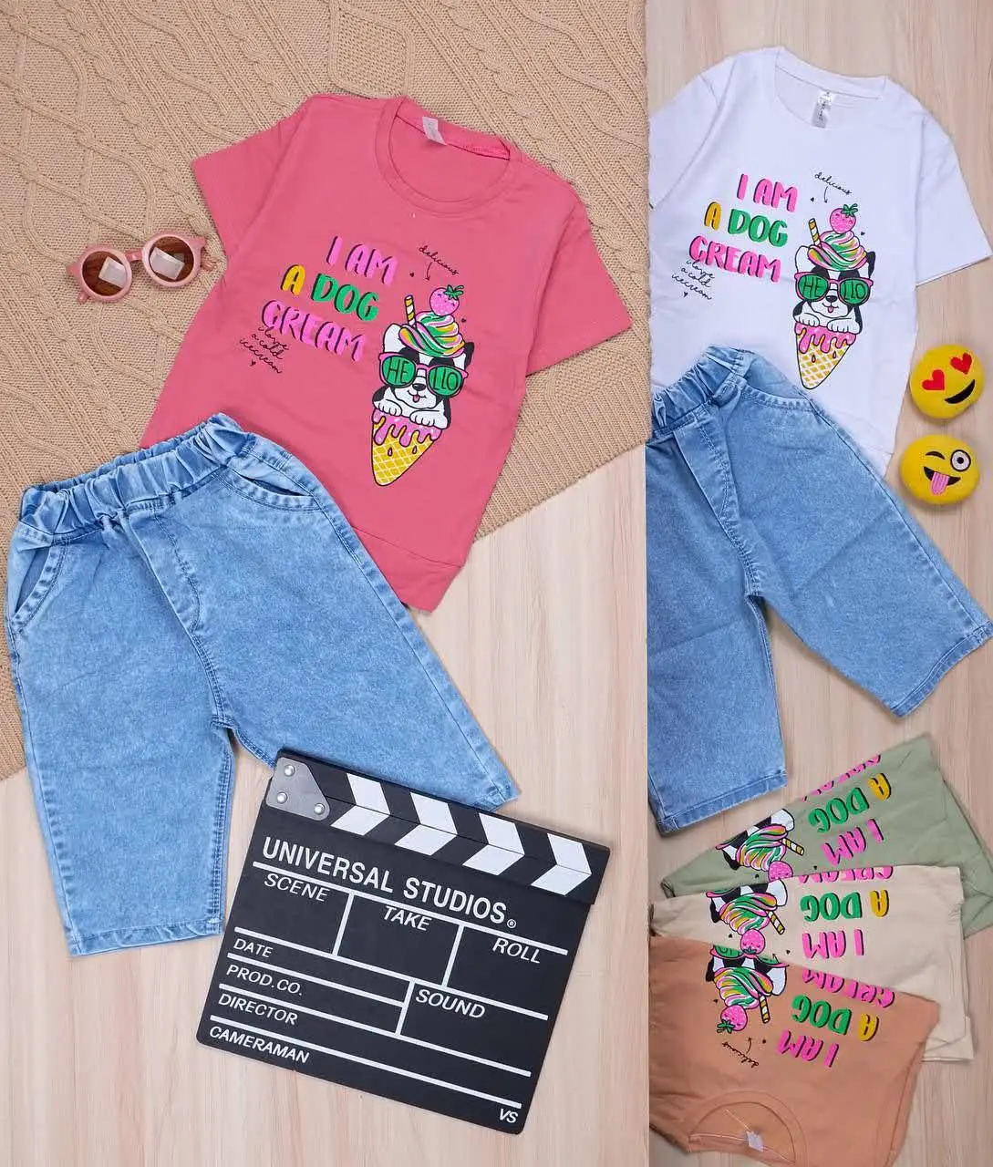 👫تیشرت و شلوارک جین چاپ سگ و بستنی👫
