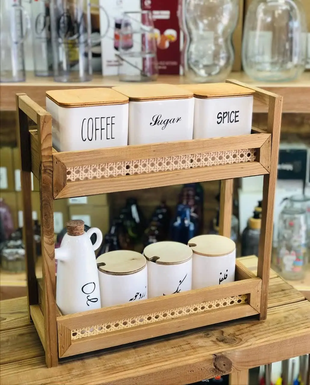 💥استند چوبی ۲ طبقه حصیری💥