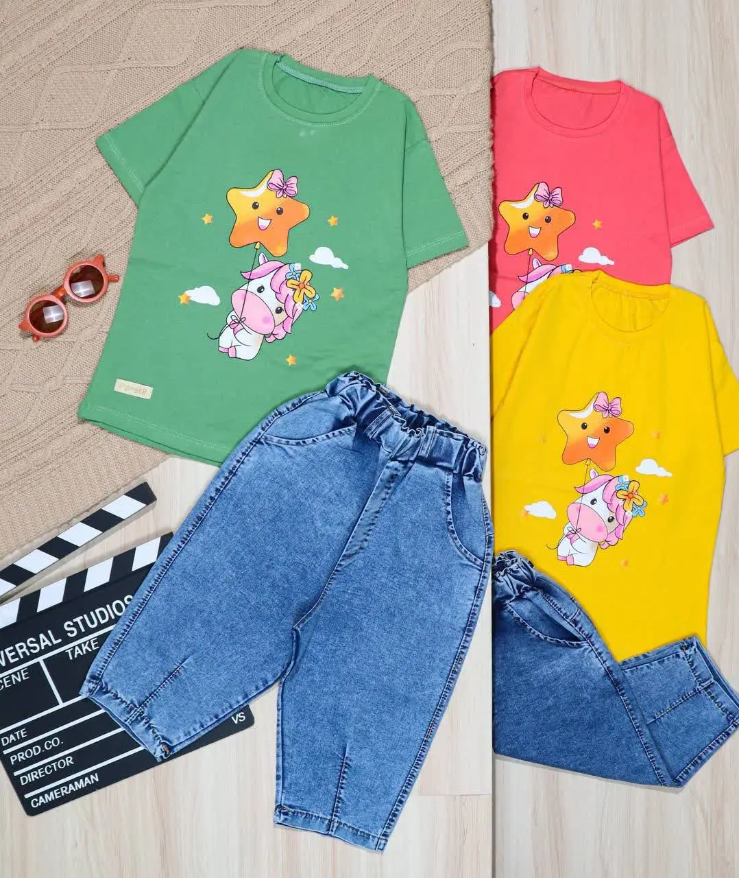 👫تیشرت و شلوارک جین چاپ تکشاخ و ستاره👫
