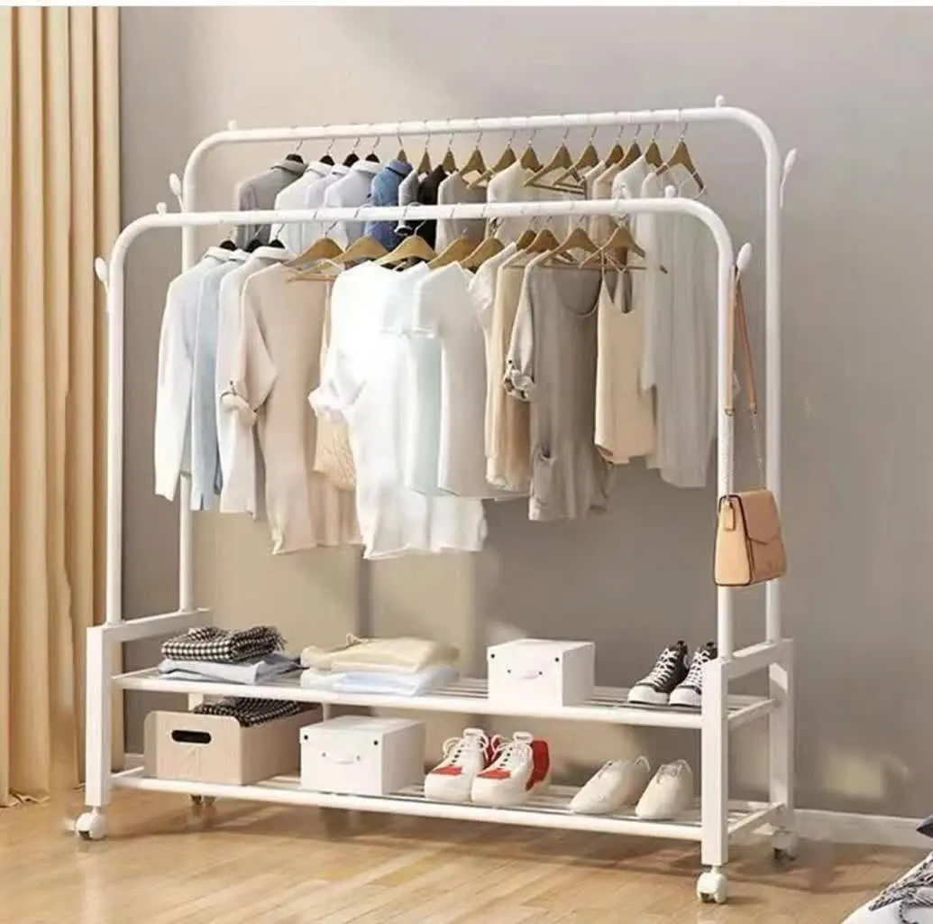 رگال لباس دوبل ۴۸کیلو🔹 چرخ دار 🔹 سفید و مشکی🔹 دارای استند آویز کیف🔹 دارای جا کفشی🔹 بسیار باکیفیت 🔹 ۲طبقه🔹 سایز بزرگ♦️ 
