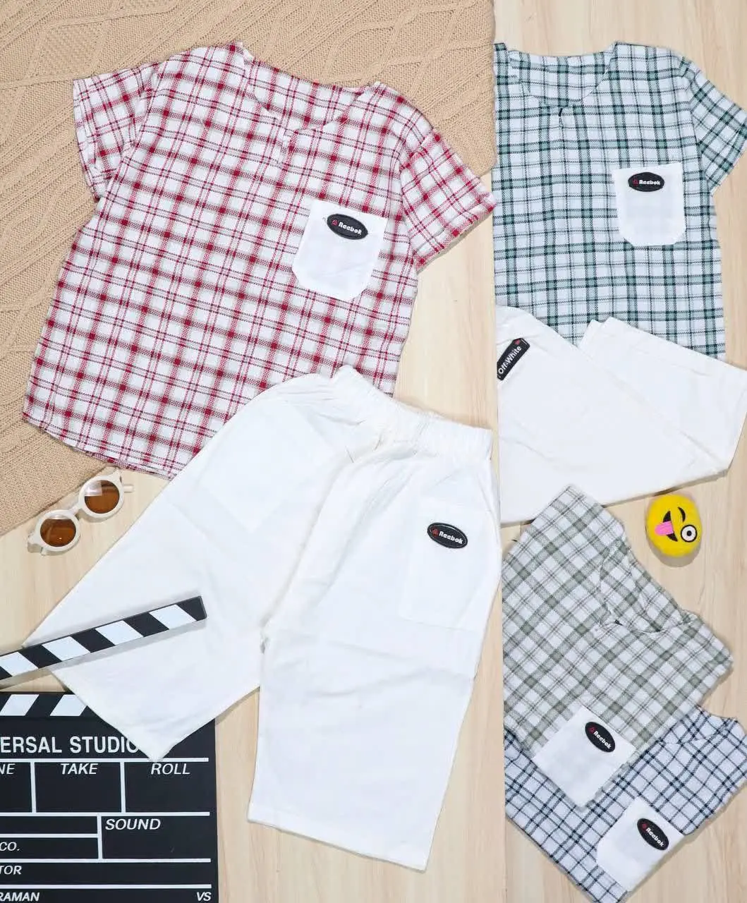 👫پیراهن و شلوارک کنفی یقه فرنچ چهارخونه👫
