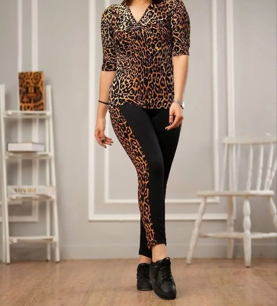 👚نام: بلوز شلوار گره‌ای پلنگی قهوه‌ای
