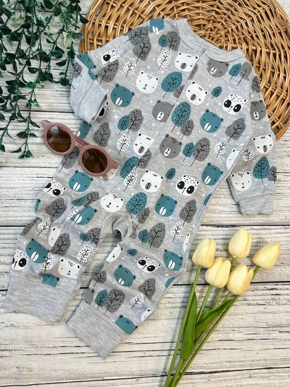 سرهمی طرح خرس تمام چاپ طوسی سبز آبی نوزادی و کودک کد ۱۱۲۰۶۳ 
