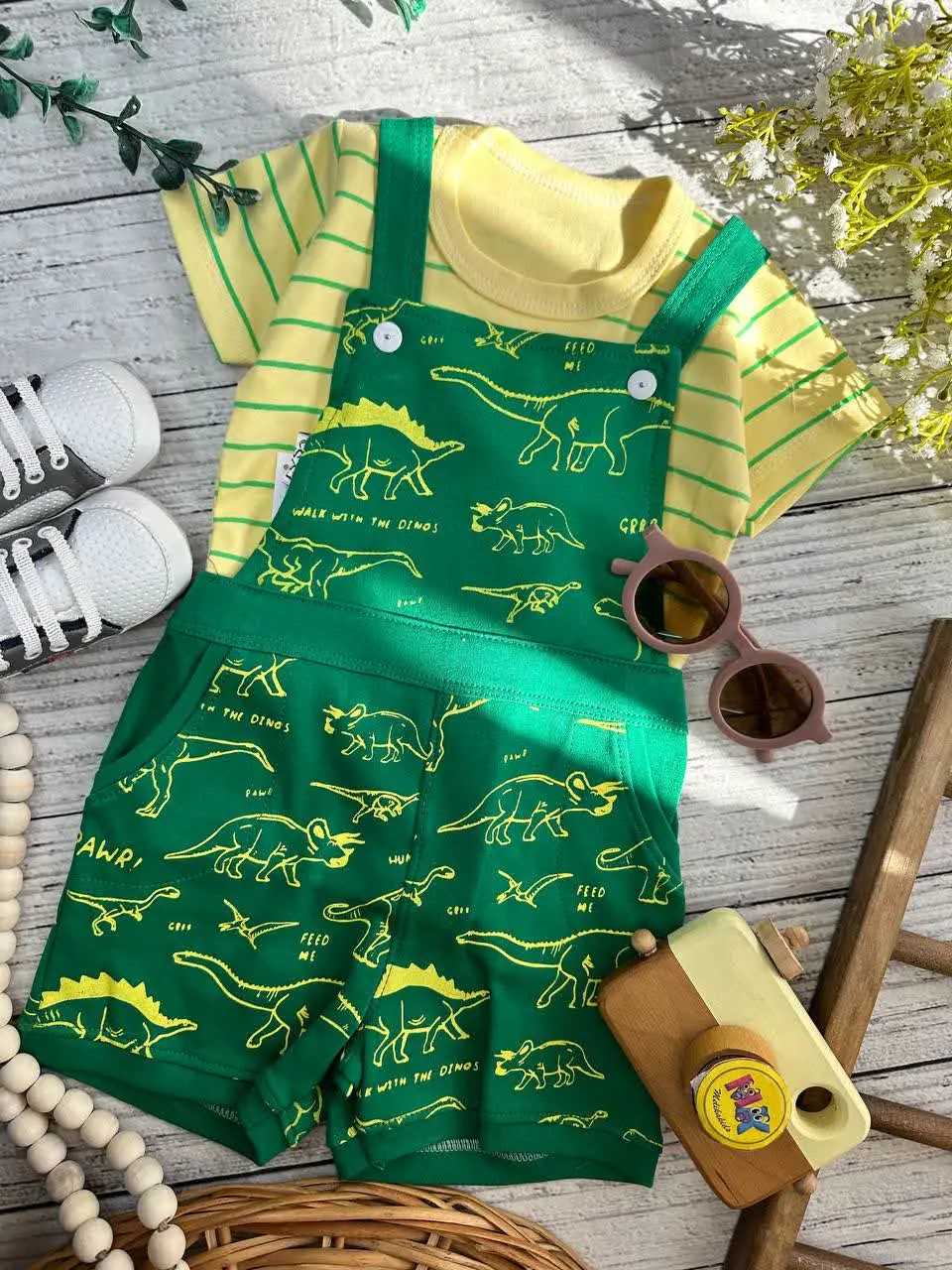 رامپر طرح دایناسور سبز و زرد نوزادی و کودک کد ۱۸۰۲۷ 
