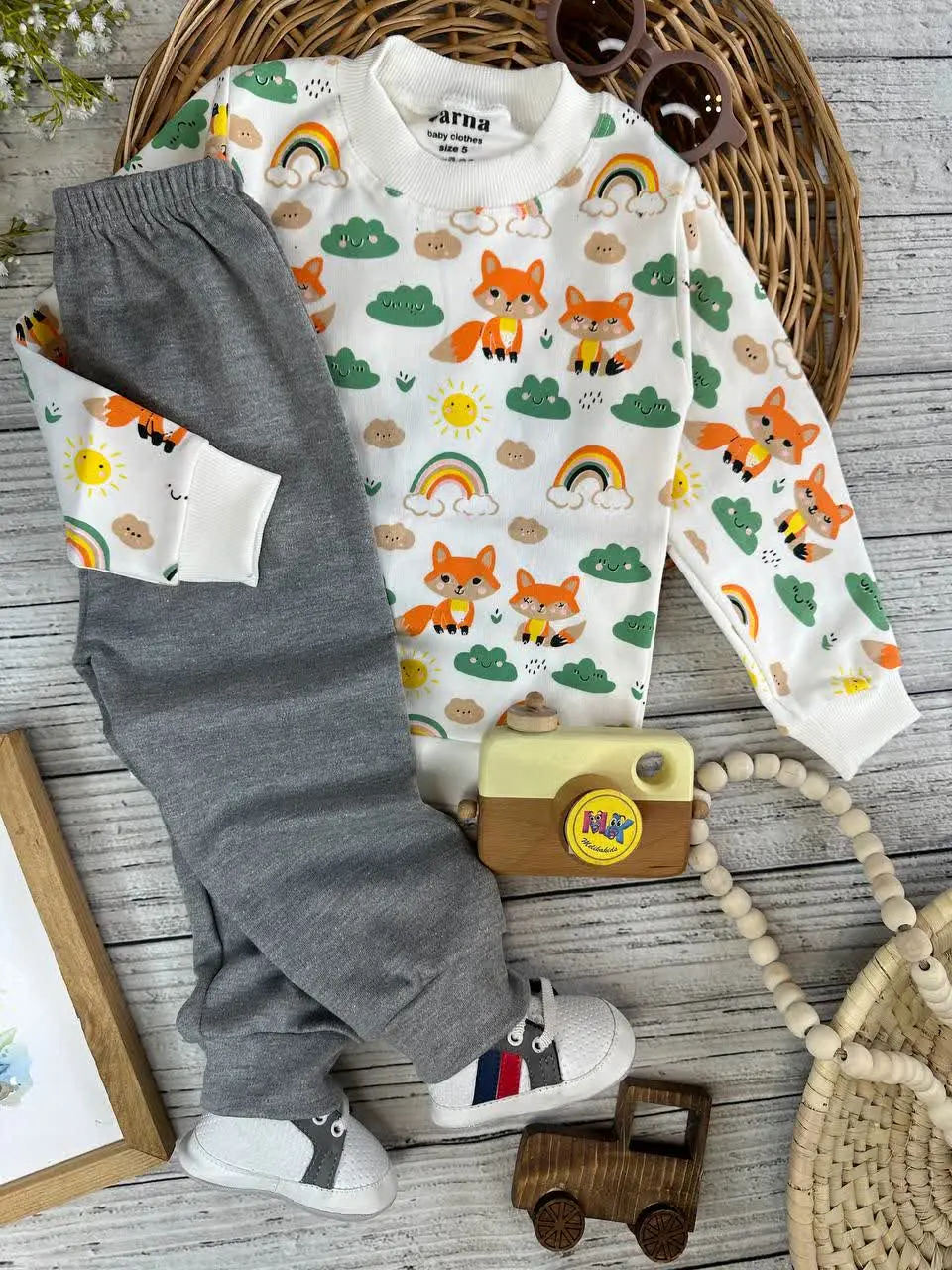 بلوز شلوار طرح روباه و رنگین کمان نوزادی و کودک کد ۱۷۳۱۸۸ 
