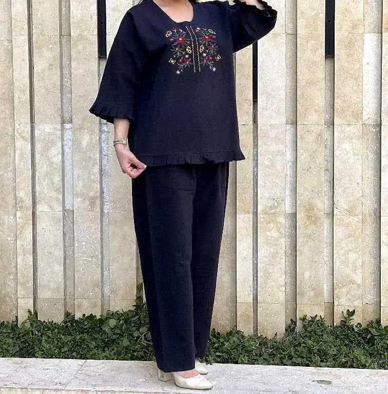 ست مانتوشلوار لنین گلدوزی