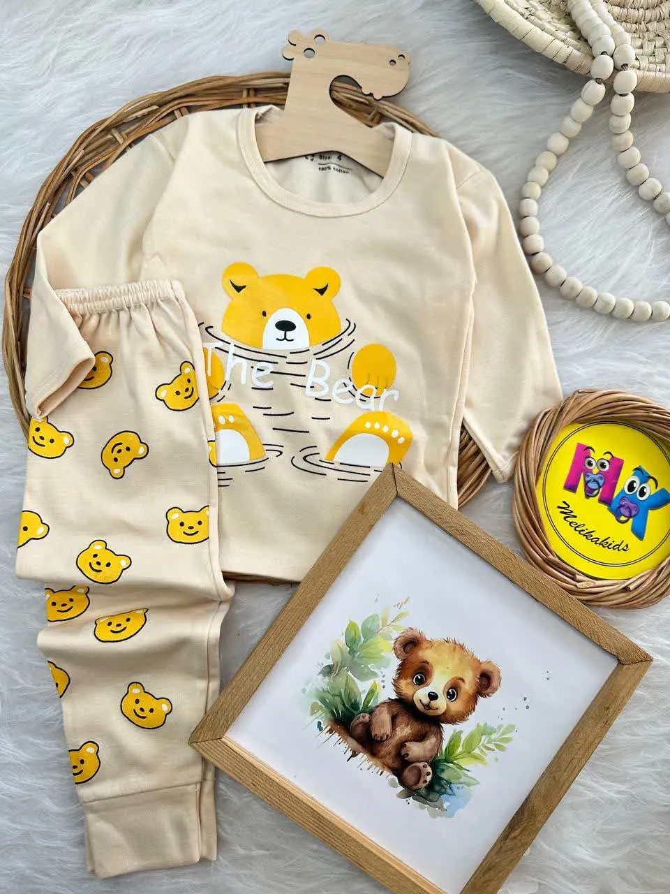 بلوز شلوار طرح خرس زیر آب نسکافه‌ای نوزادی و کودک کد ۱۷۳۱۶۳ 
