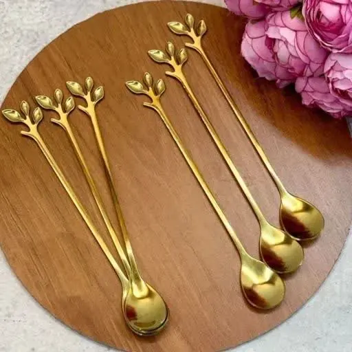 قاشق شربت خوری طلایی طرح برگ