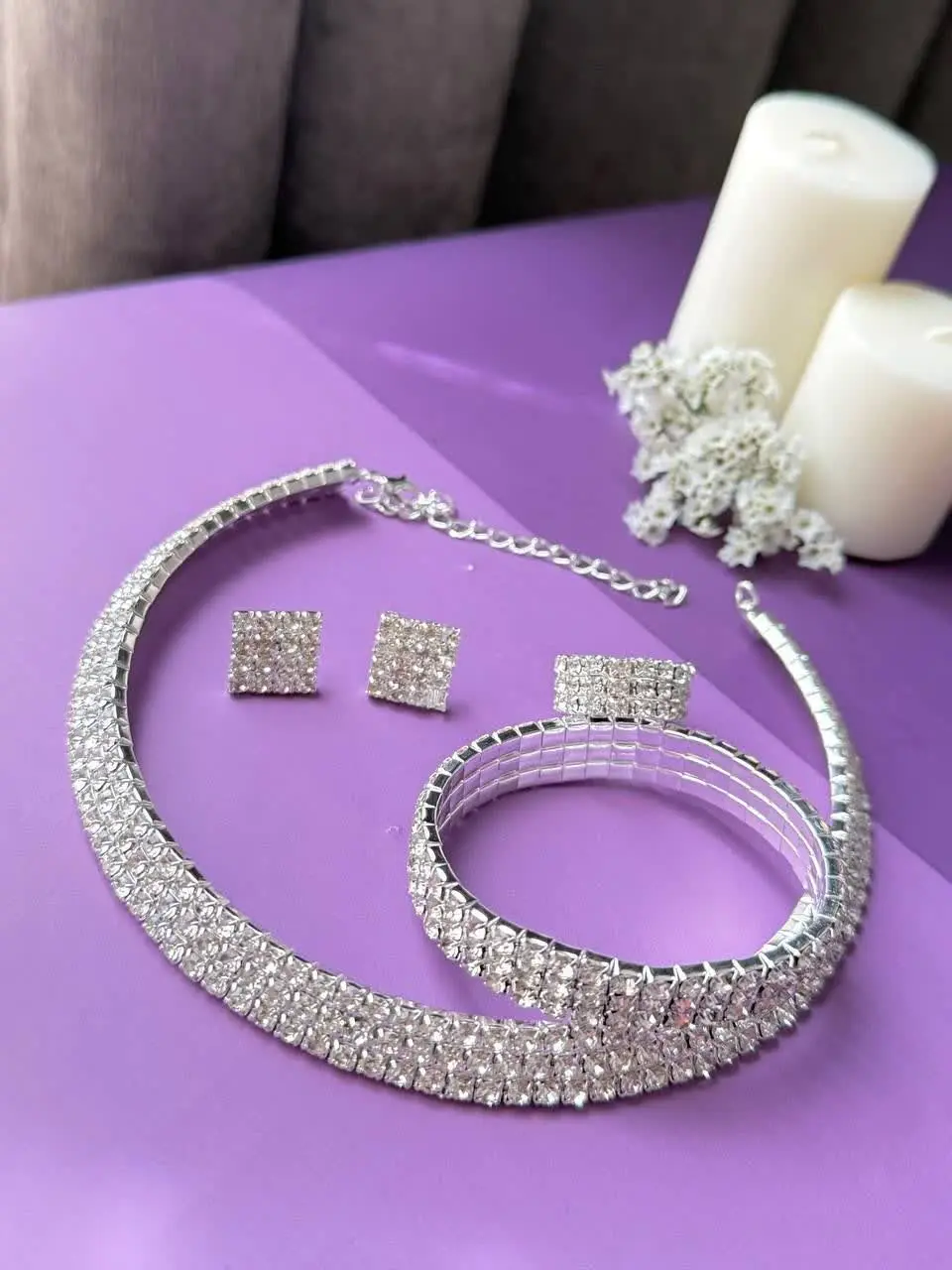 #ست گردنبند طوق و گوشواره زنانه و دستبند و انگشتر کشی برنجی✨
