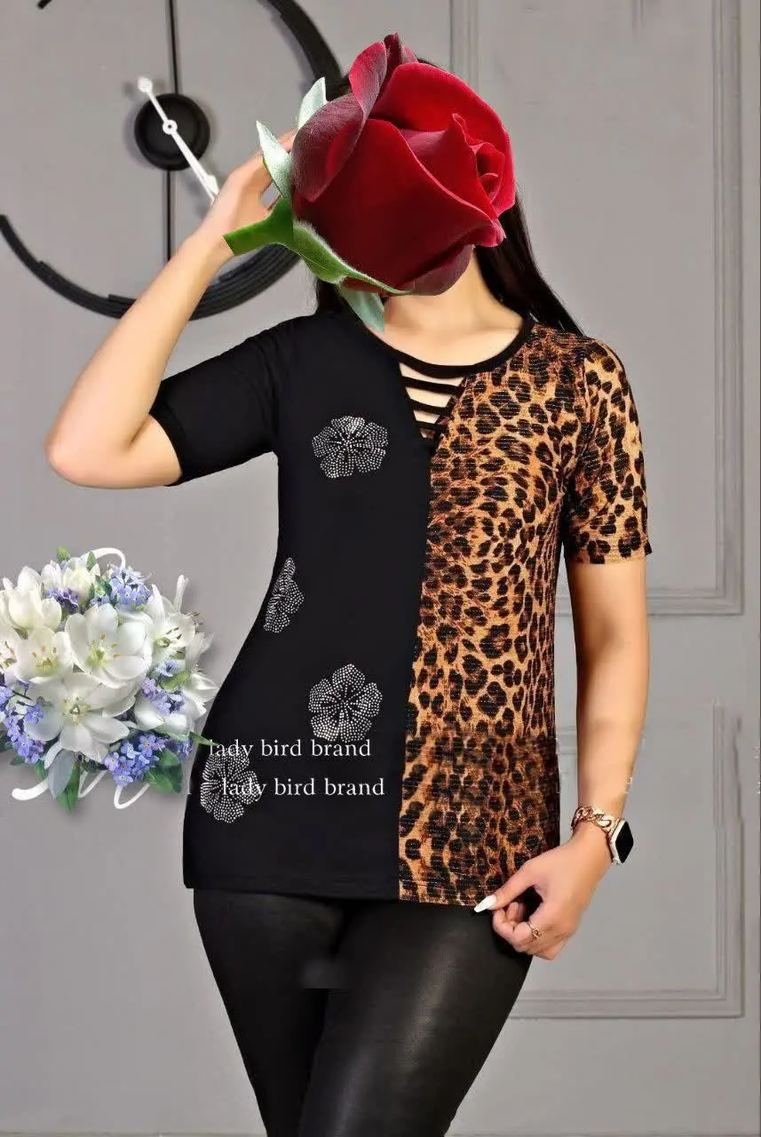 تیشرت پلنگی نگین گل جنس: ویسکوز و فیلامنت ترکیبی
