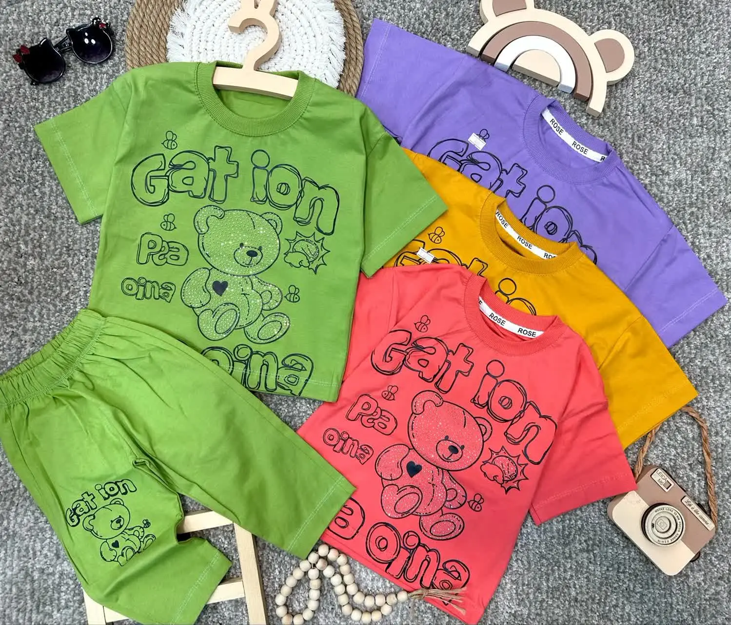 👫تیشرت شلوارک لش دخترانه نگین دار چاپ تدی ✅
