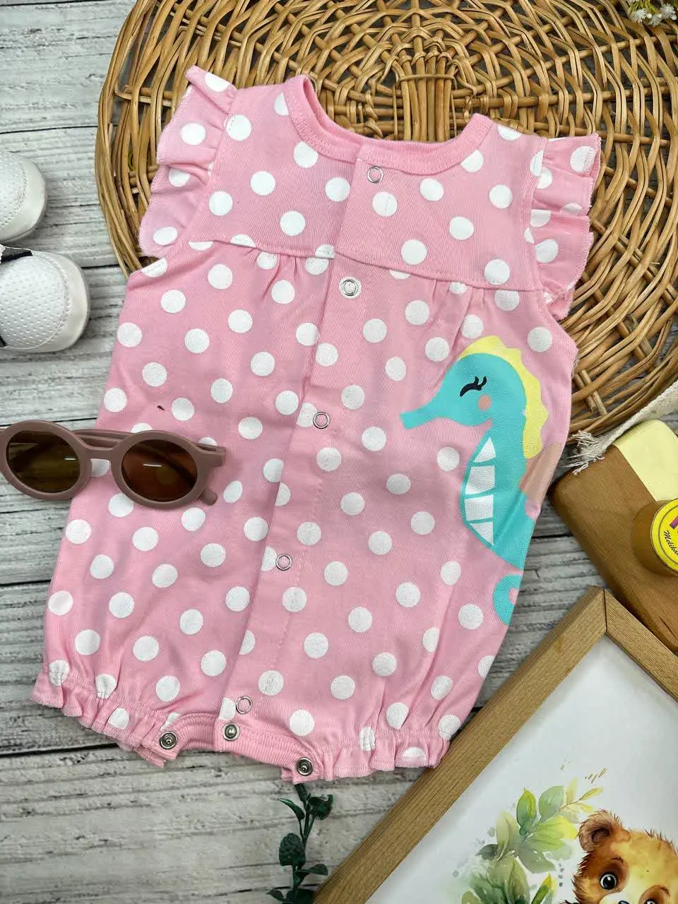 رامپر طرح اسبک ماهی صورتی خالدار نوزادی و کودک کد ۱۸۰۳۸ 
