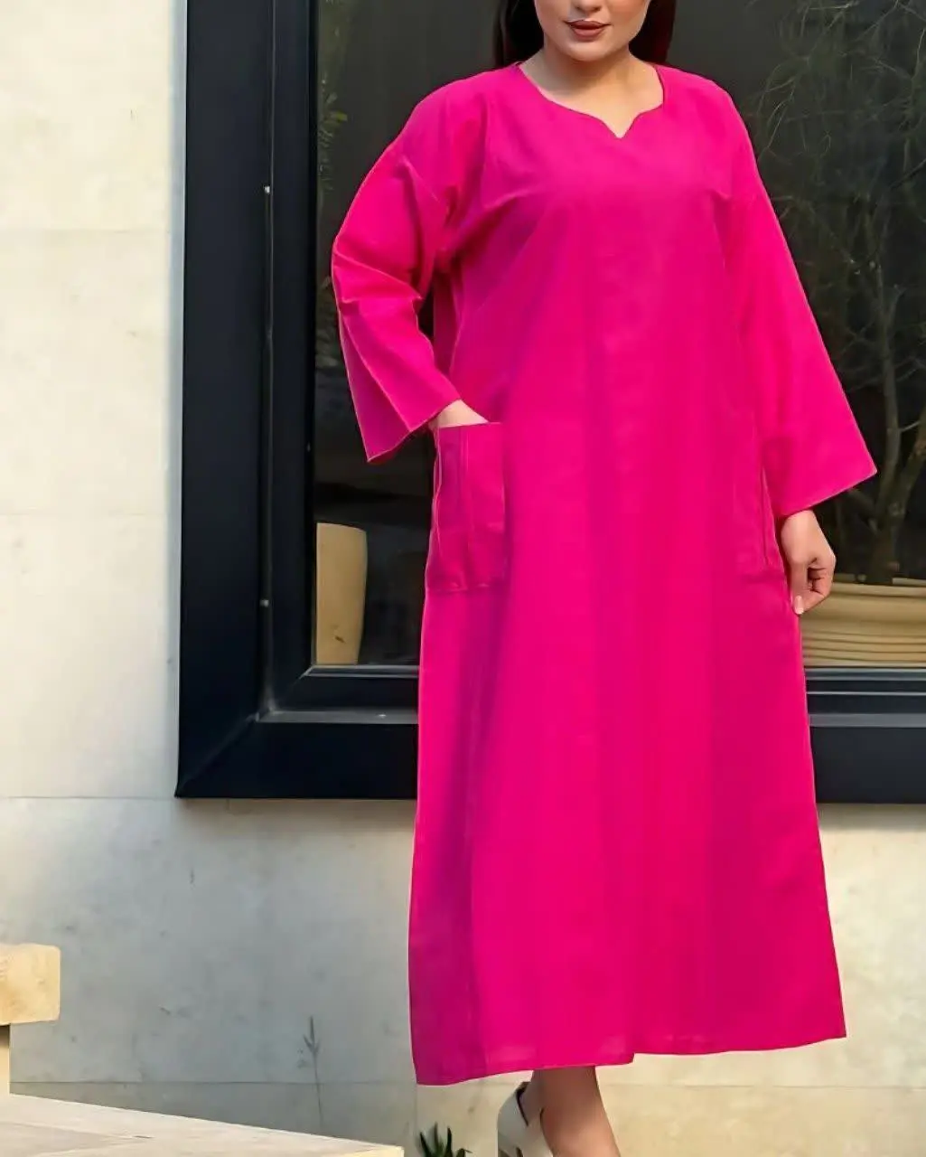 🧵🪡پیراهن لینن خارجی دو جیب 
