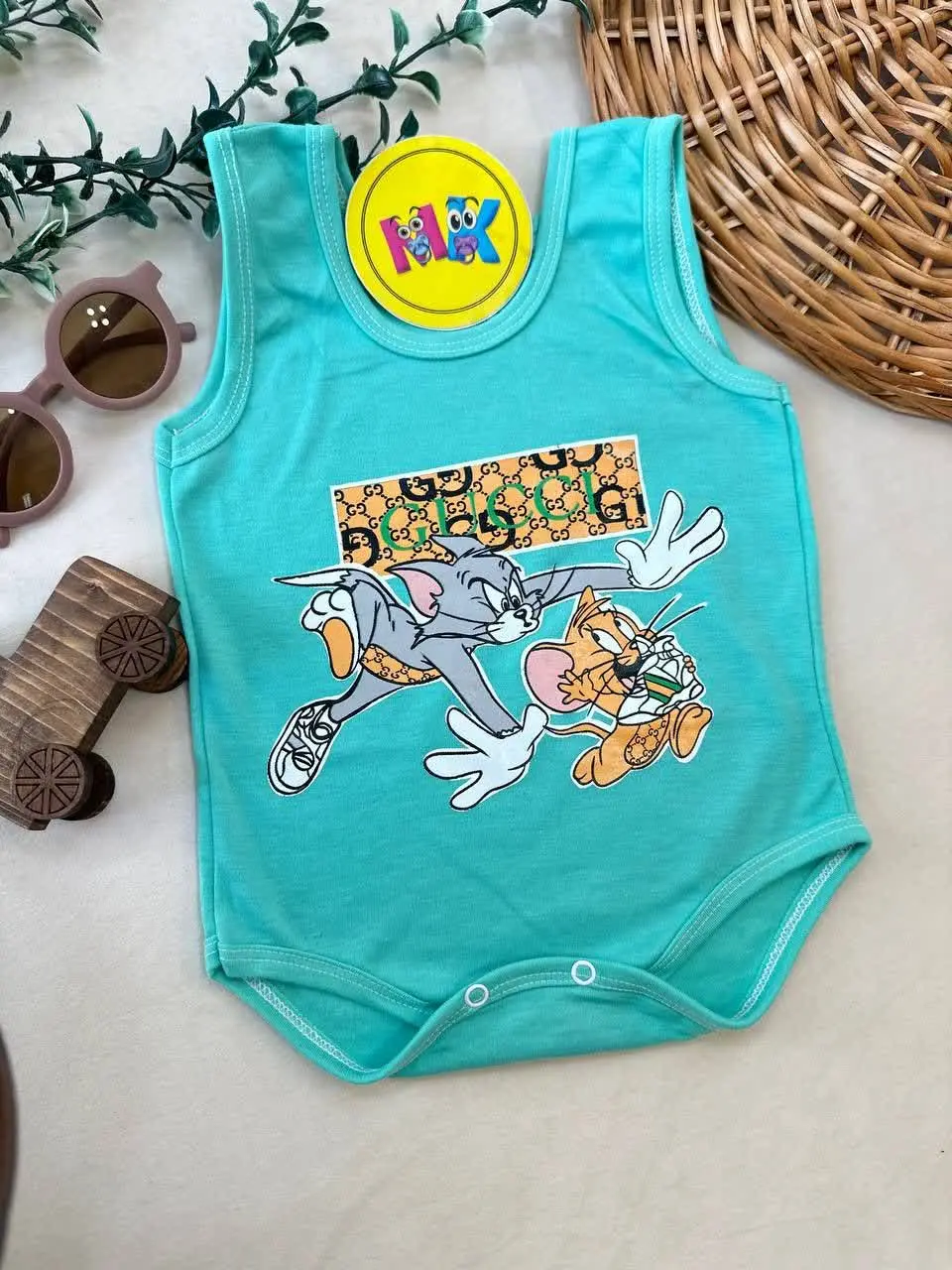 بادی زیردکمه طرح تام و جری سبز آبی نوزادی و کودک کد ۱۱۸۰۰۸ 

